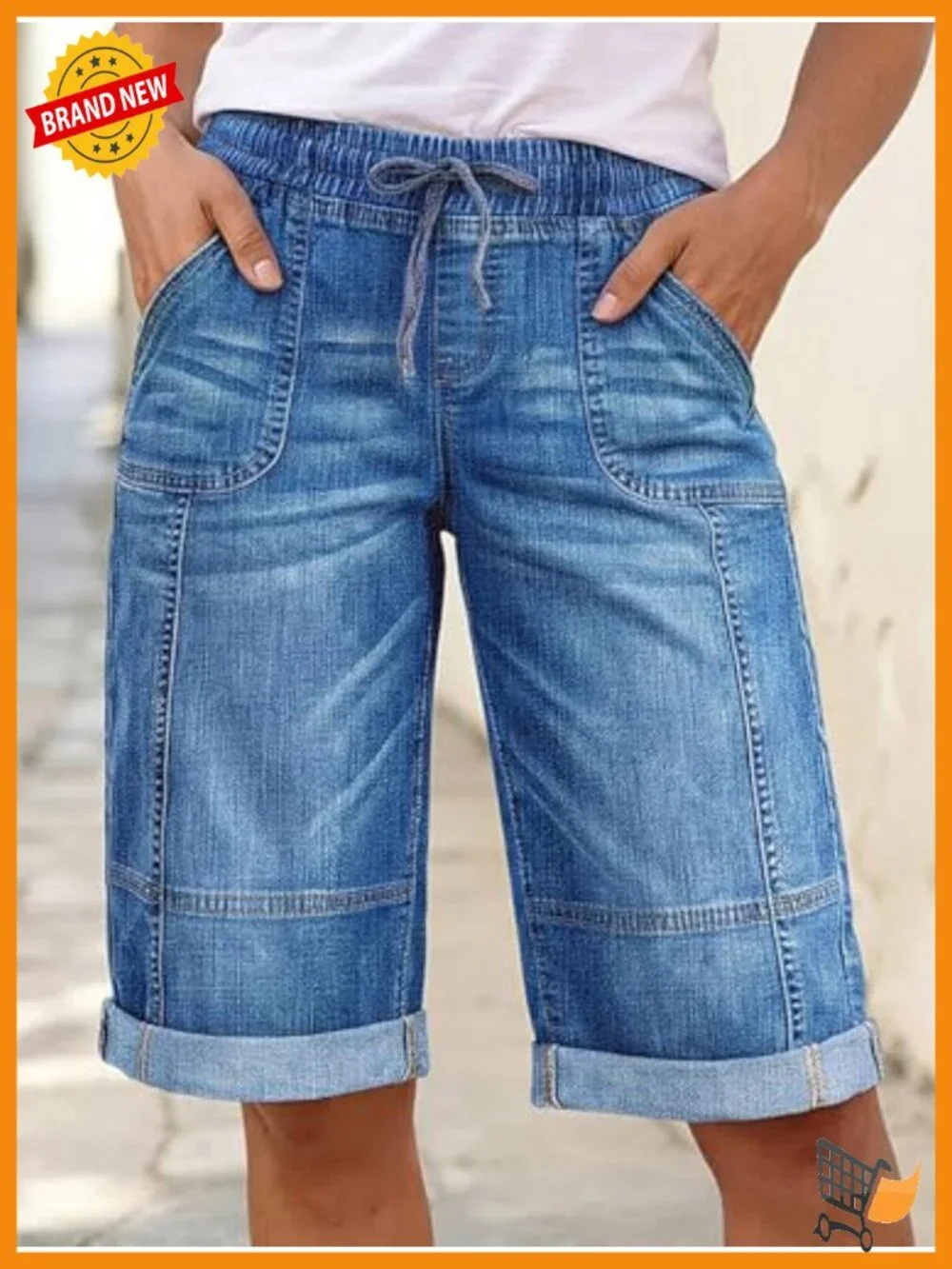 Mid Rise Straight Leg Bermuda Denim Shorts with Drawstring Wash Stitch Detail
